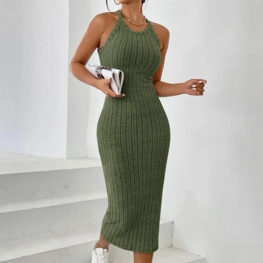 Minimalist Halter ribbed knot Bodycon midi Dress rust orange - Picture 3 of 12